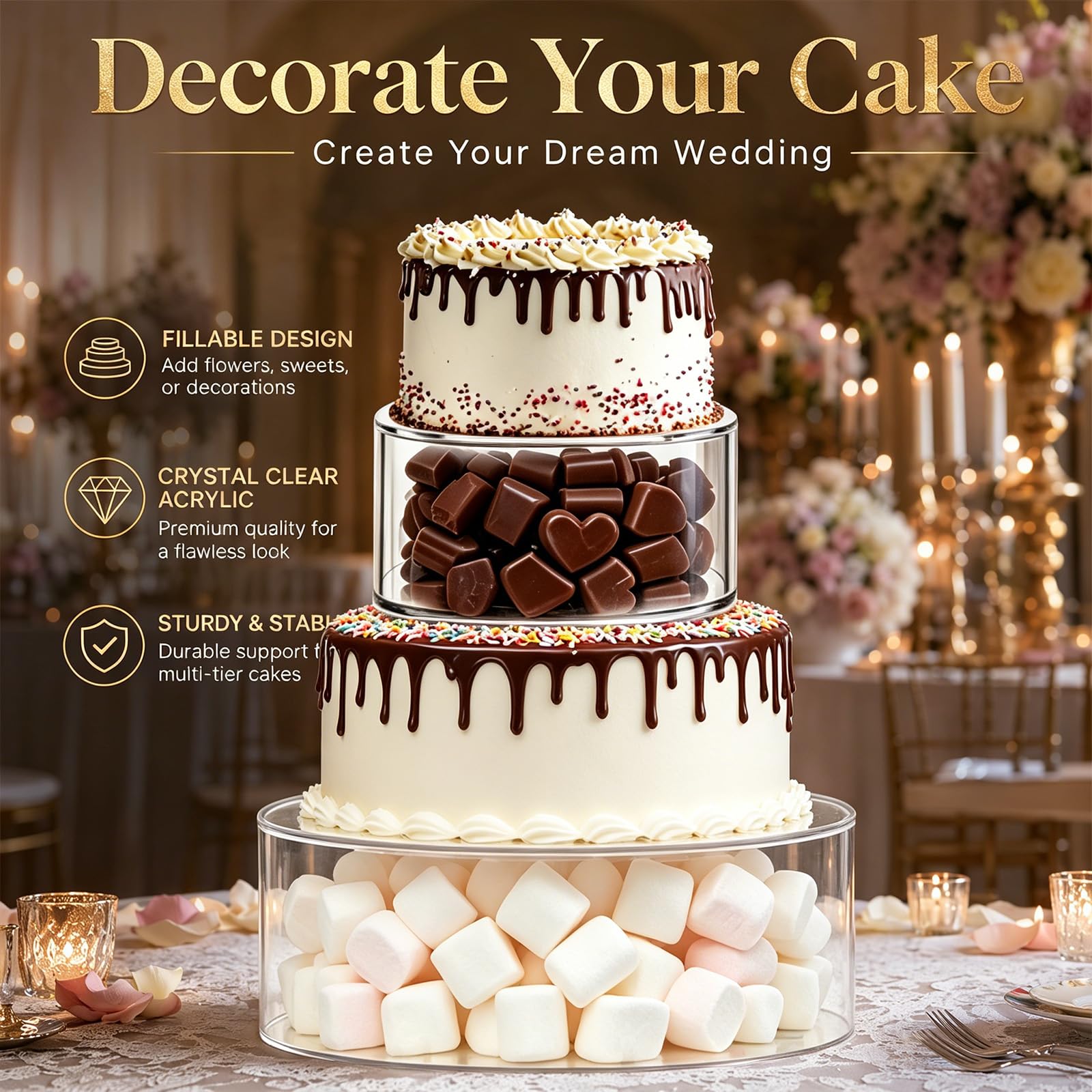 Alzata per torte riempibile a 3 ripiani in acrilico con decorazione a LED, tavolo da dessert rotondo trasparente e rialzo cilindrico, 3 alzate per torte fai da te, per compleanni, matrimoni e feste (2