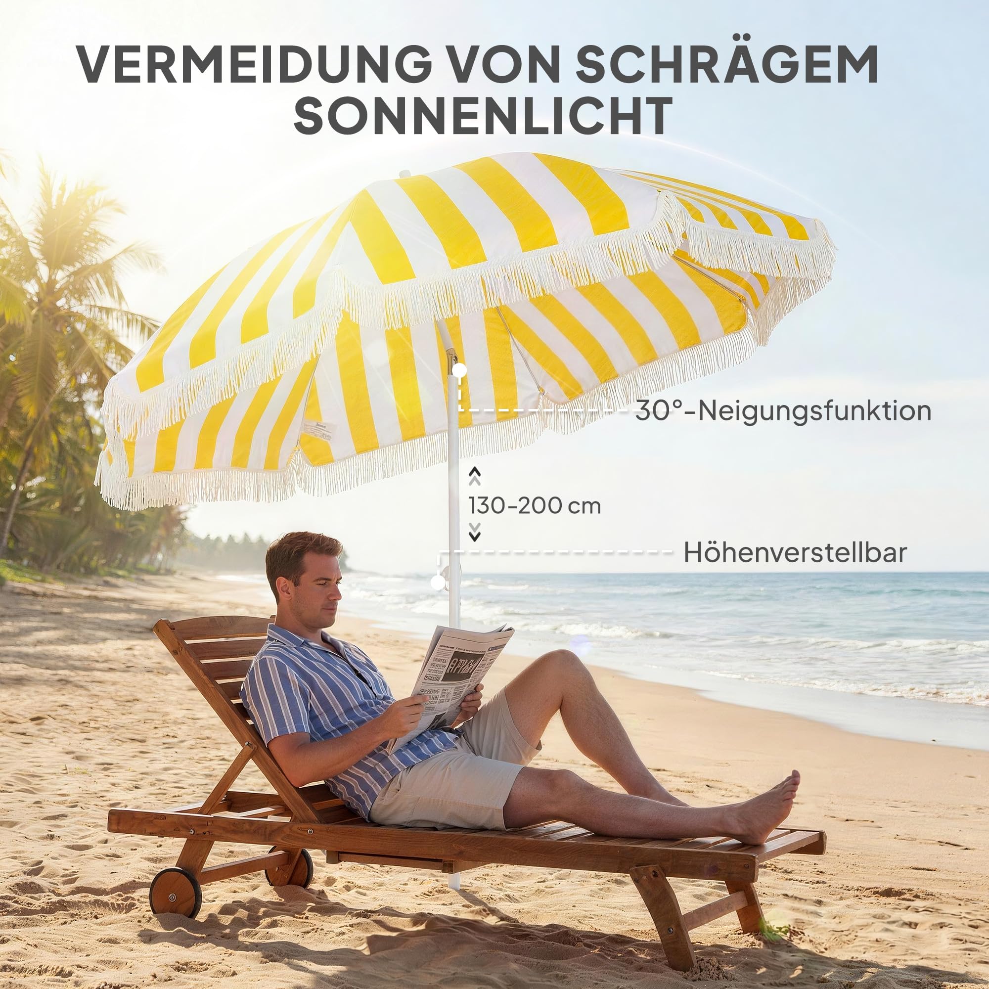 Outsunny Sonnenschirm Strand Ø180 cm windfest Strandschirm mit Sandanker verstellbarer Neigung Tragetasche Balkon-Schirm Gartenschirm sicherer Sonnenschutz für Reisen Strand Balkon Camping Gelb+Weiß