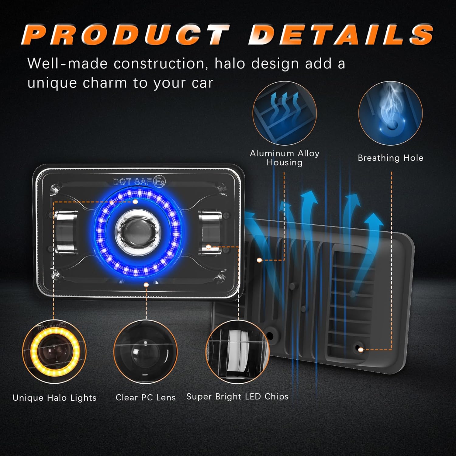 4x6 LED Headlights [Dot Approved] with Halo Blue DRL Amber Turn Signal Light [High Low Sealed Beam] Compatible for Peterbilt 379 Kenworth T800 T600 Freightinger Ford Probe Ol-dsmobile Trucks