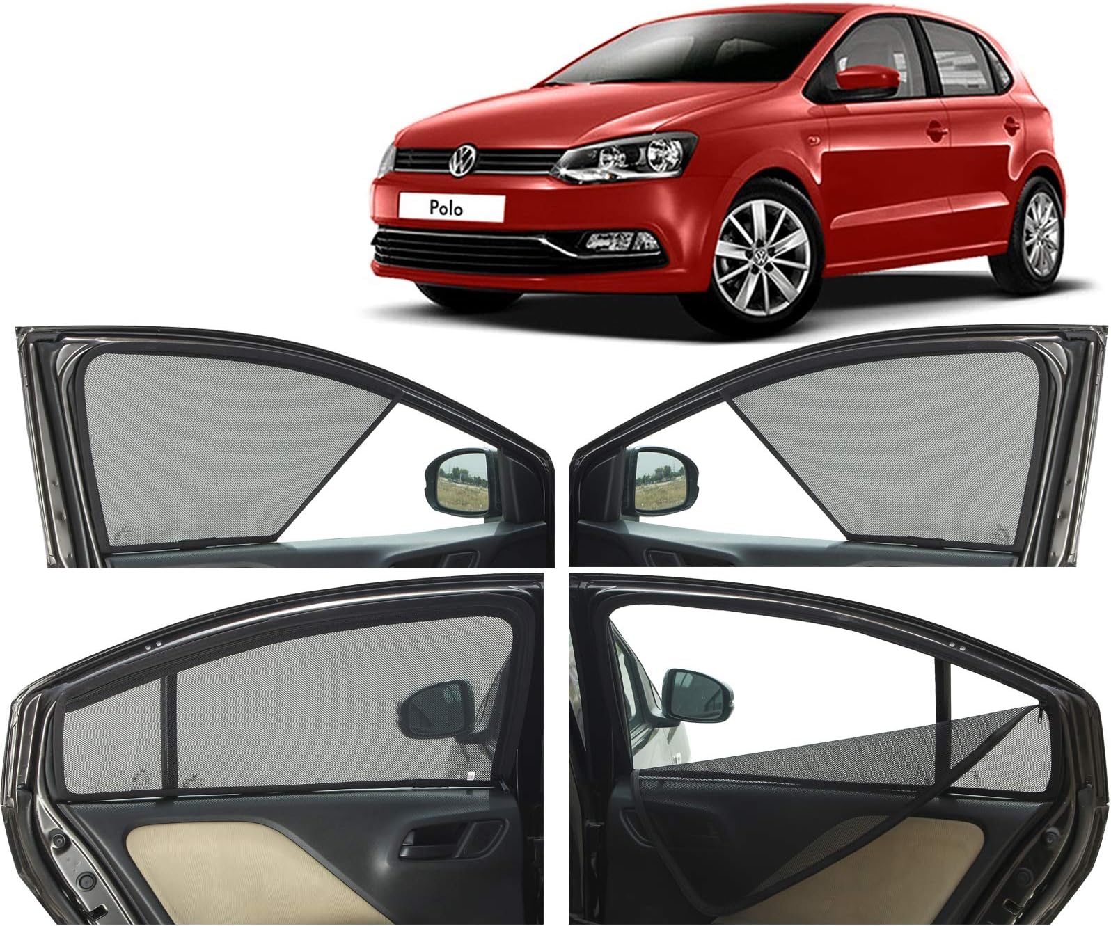 Autofact Half Magnetic Window Sunshades / Curtains for Volkswagen Polo [Set of 4pc - Front 2pc Half Without Zipper ; Rear 2pc Full with Zipper] (Black)