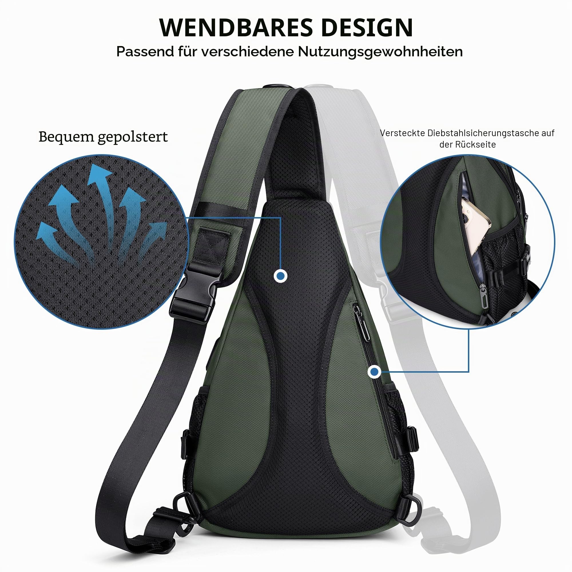 WITZMAN Umhängetasche für Herren 19L Reise Sling Bag mit USB-Ladeport | Schultertasche und Brusttasche Wasserabweisend Mehrere Fächer Passt 9,7 Zoll iPad für Alltag Outdoor und Arbeit,B735