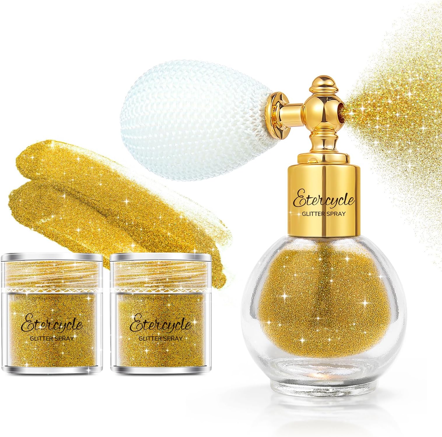 Etercycle Hair Glitter Spray, Gold Body Glitter Spray Fine Face Shimmer Powder, Cosmetic Shimmer Makeup Glitter Highlighter Powder Hairspray for Y2K Accessories, Party, Stage Shows, Nightclubs, Bar