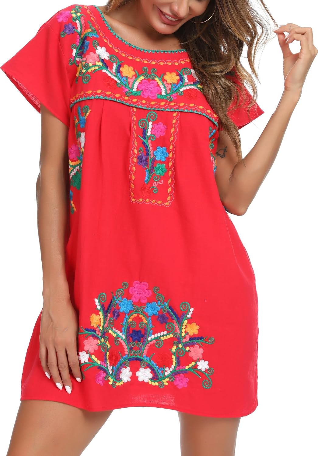 YZXDORWJ Women Mexican Embroidered Dress Short Sleeve