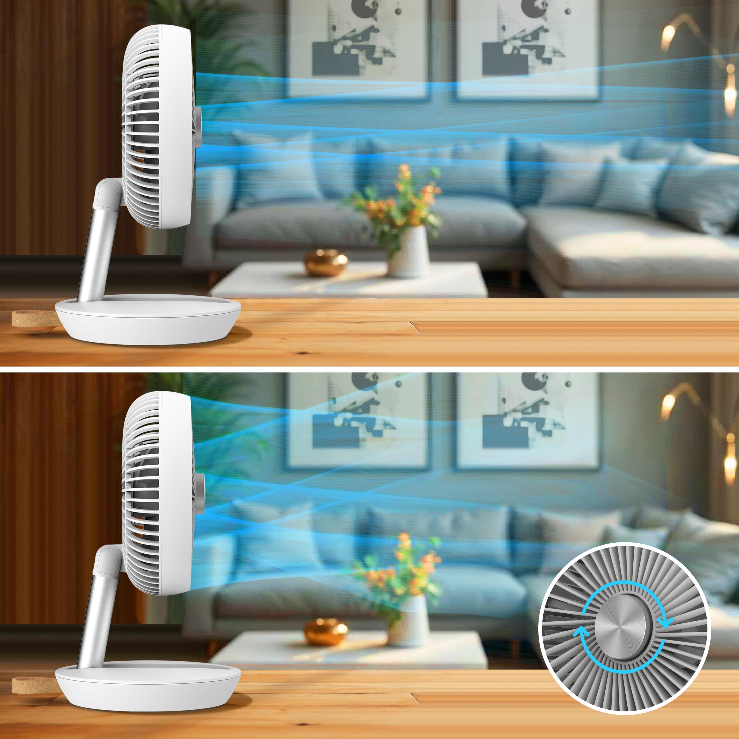 Tischventilator Sehr Leise Ø 19cm USB Ventilator Akku 15h Table Fan FlexiGo Faltbar 4 Modi 400 m³/h 180° Verstellbar Ventilator Camping & Büro Weiß