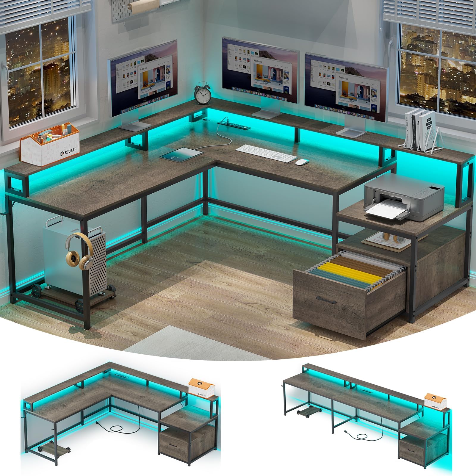 SEDETA L Shaped Desk, 66" Home Office Desk with File Drawer and Power Outlet, Gaming Desk with Led Lights, Corner Computer Desk with Monitor Shelf, Printer Storage Shelves, Two Person Desk, Walnut