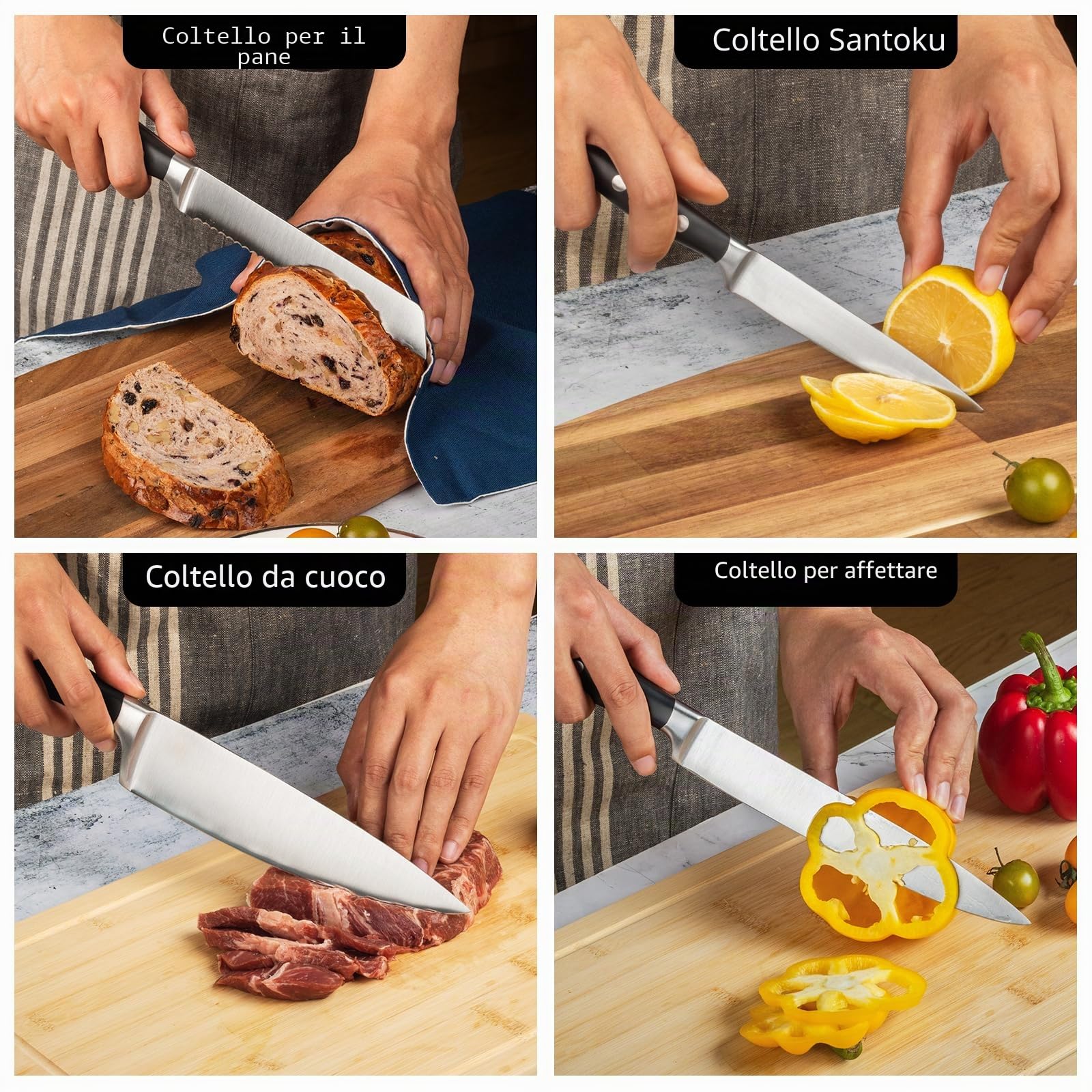 Set di 7 coltelli con Ceppo, 7 Pezzi, Chef, per Pane, Coltello a Fette, Multiuso Spelucchino, Forbici da Cucina Multifunzione e Blocco Coltelli, Manico Ergonomico