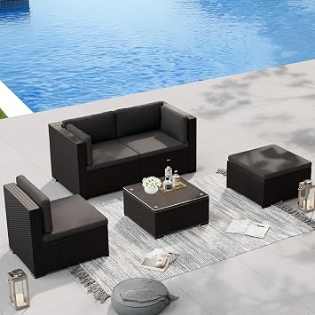 Crownland 5-Piece Outdoor Patio Furniture Sets, All-Weather Black Wicker Rattan Sectional Sofa, Modern Glass Coffee Table and Washable Seat Cushion with YKK ZipperGrey