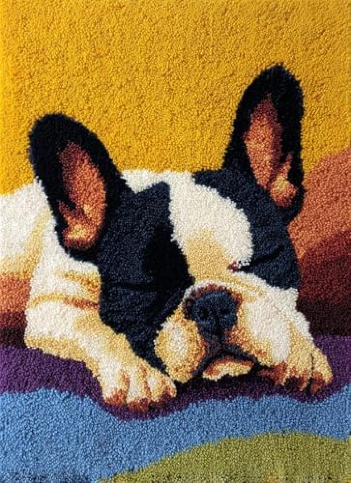XDEGHUANGSS Latch Hook Rug Kit French Bulldog Puppy Sleeping On Sofa Cushion Cover DIY Craft Set Pre-Printed Mat 38x52cm for Home Decor-2
