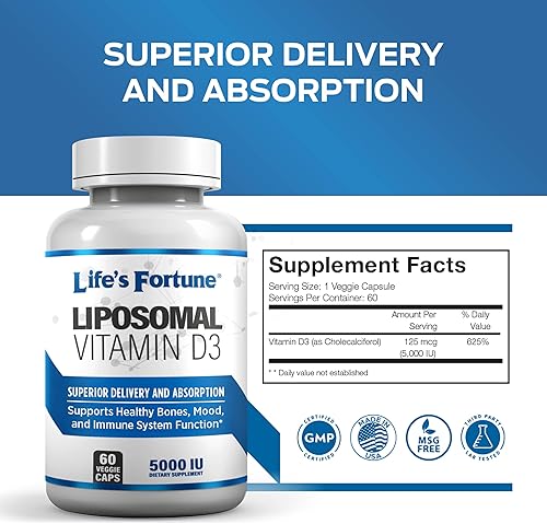 Miniatura 3 de Life's Fortune Suplemento liposomal de vitamina D3 de 5000 UI sin OMG, alta absorción, apoya el estado de ánimo saludable y la función del sistema