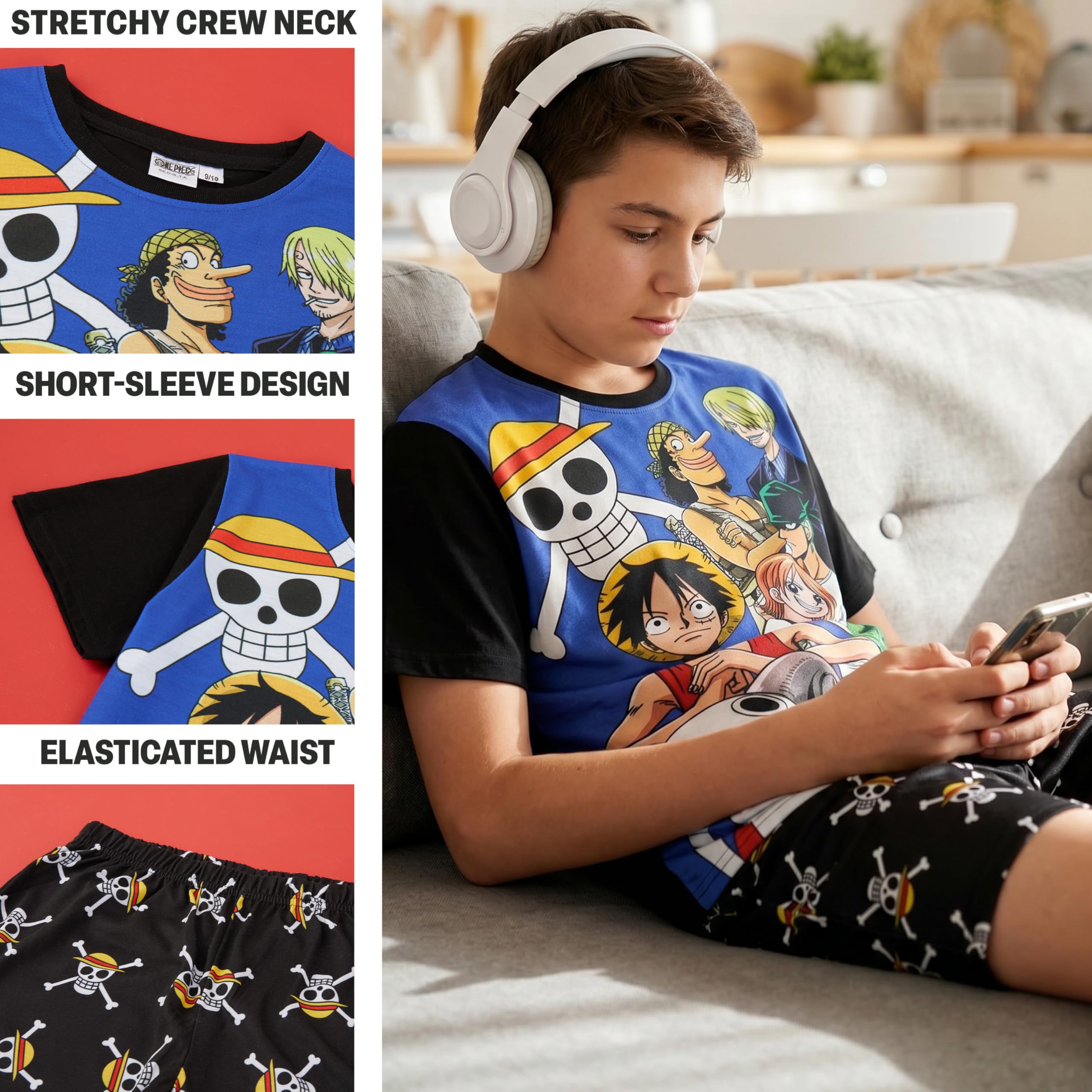 Get Trend One Piece | Dragon Ball Z Ensemble Pyjama Enfant Garcon, Lot de 2 Été avec T-Shirt Ras du Cou Manche Courte et Short Pyjama, Anime Merch Cadeau Garcon