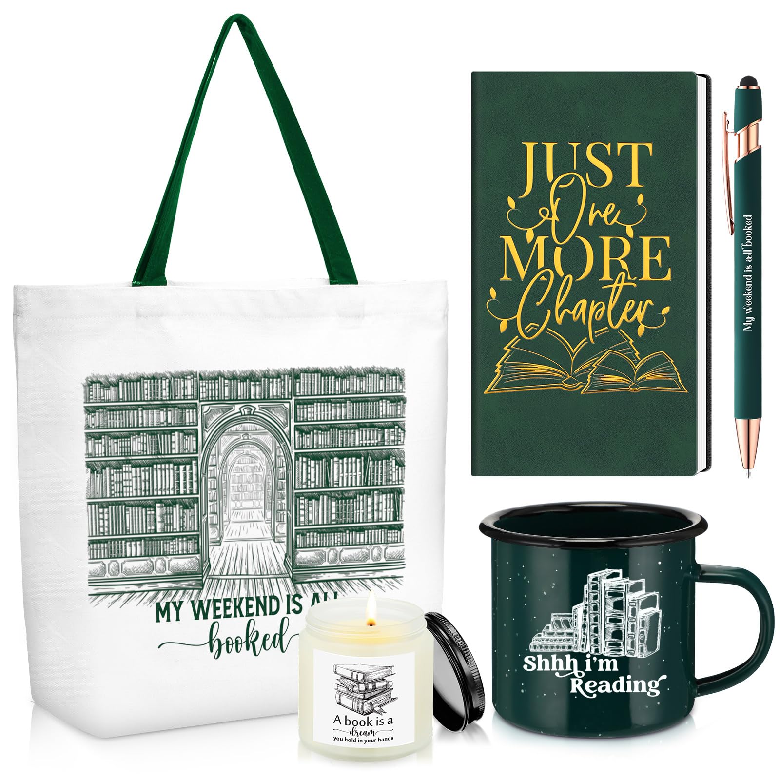 Jetec Set of 5 Book Lovers Gifts for Reader Include Canvas Tote Bag Journal Notebook with Ballpoint Pen Enamel Mug Scented Candle for Teens Teacher Librarian Bookish Author(Green)