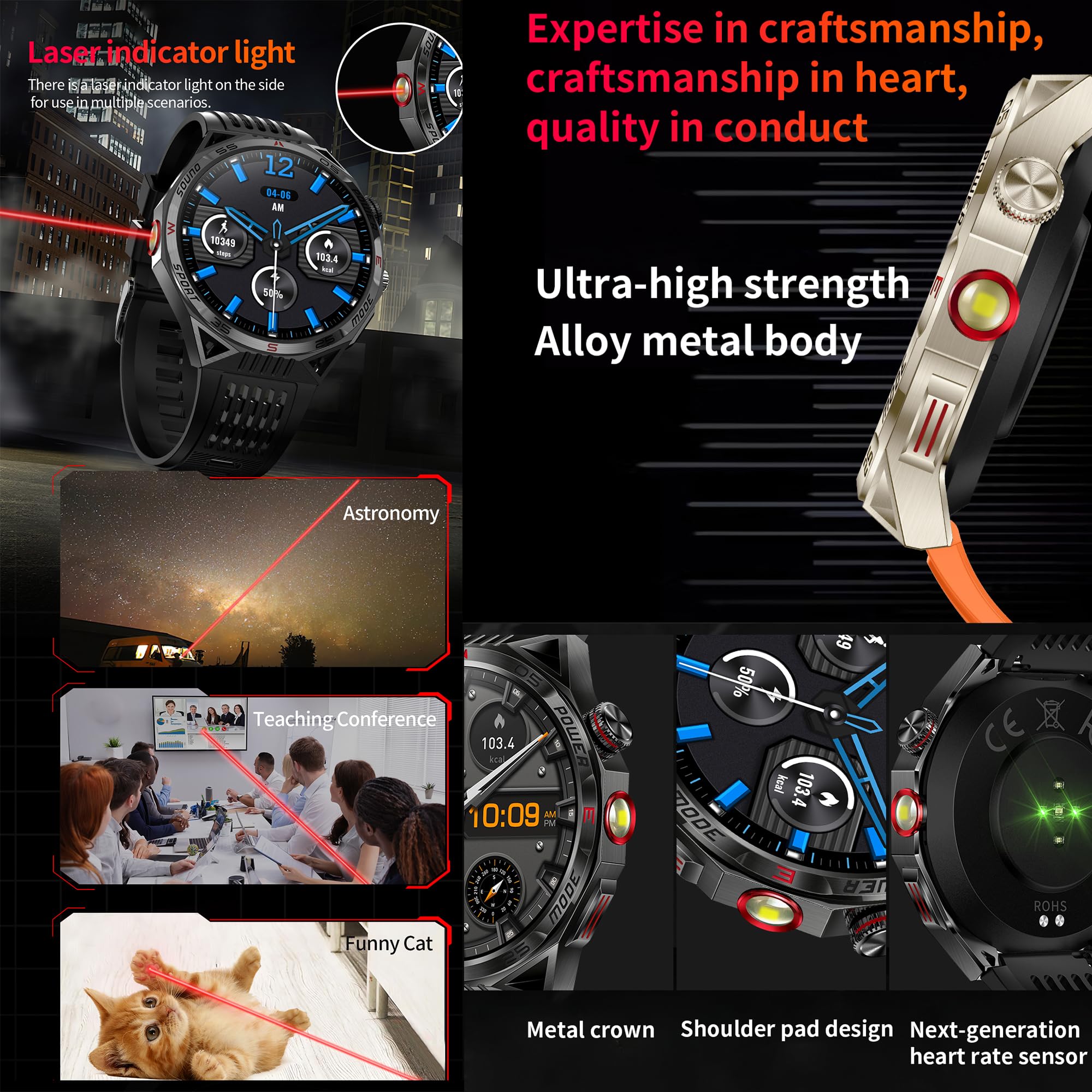 Reloj inteligente para hombre con función de teléfono, linterna, 1,85 pulgadas, AMOLED 5 ATM, reloj inteligente redondo, rastreador de actividad, con 123 modos deportivos, presión arterial, monitor de