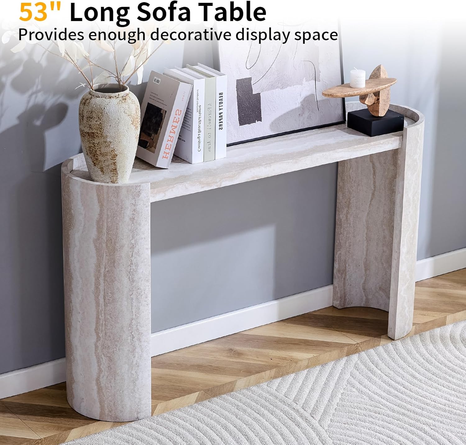 53" Faux Travertine Stone Console Table for Entryway, Sofa Entrance Table with Faux Mars Marble Pattern, Modern Sofa Tables with Round Raised Edge Design for Living Room, Hallway, Foyer, Beige