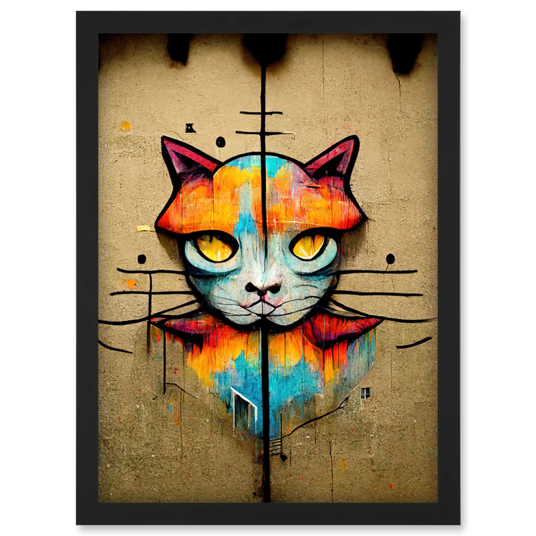Doppelganger33 LTD Vibrant Symmetrical Street Art Mural Graffiti Cat Artwork Framed Wall Art Print A4