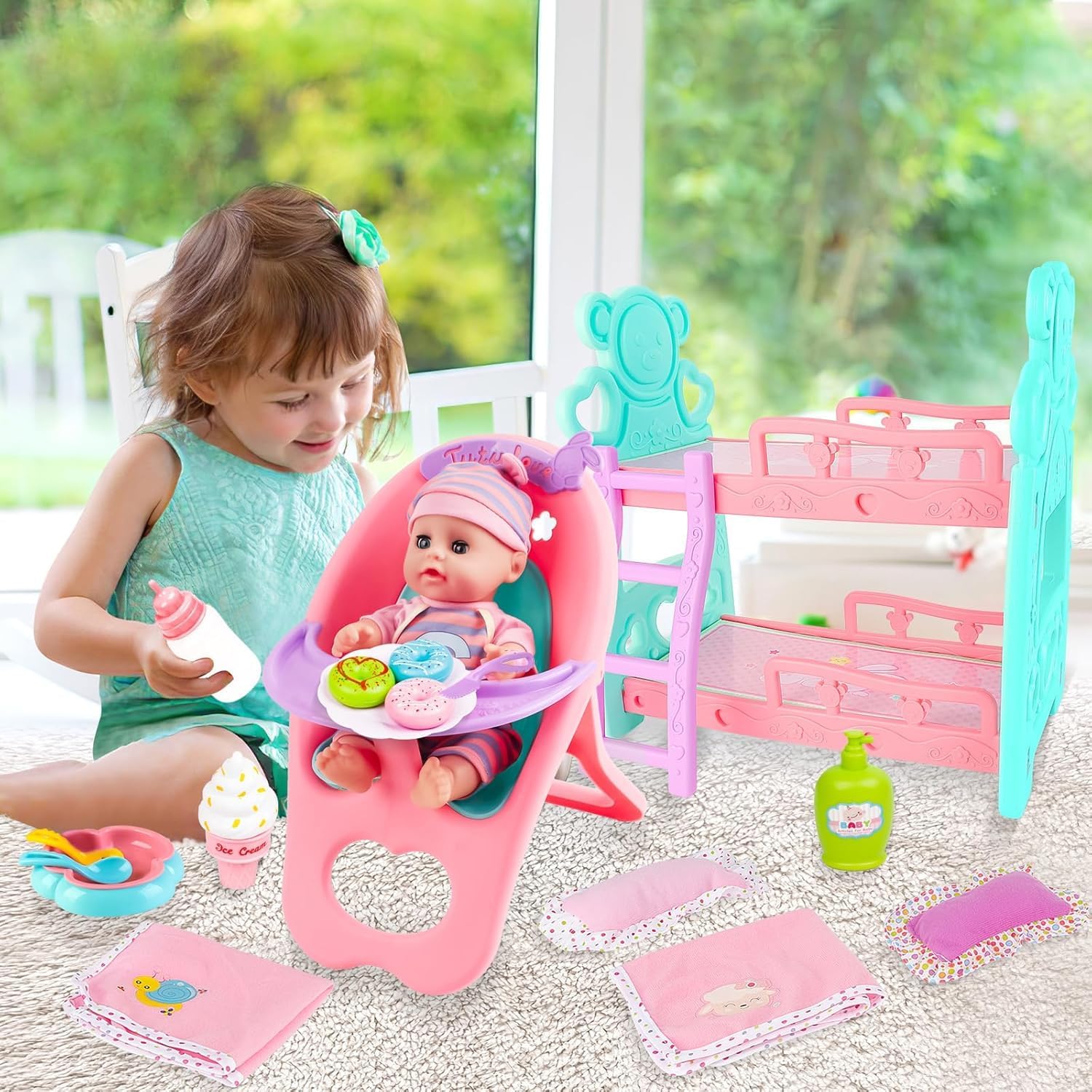 deAO Baby Doll Bunk Bed Crib & High Chair,Doll Furnitures Accessories Bed Doll Crib for Twin Dolls fits 12 13 14 Inch