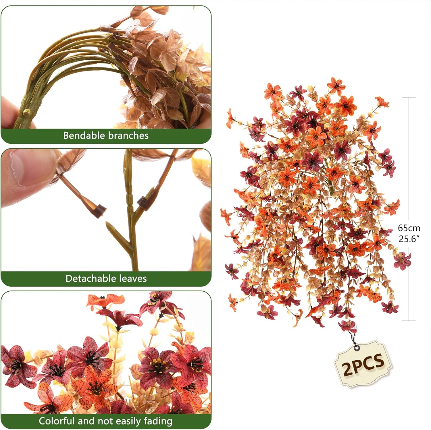 Artificial Faux Mums Fall Flowers for Outdoor Autumn Decoration,2 PCS Fake Silk Daisy Flowers Plant Eucalyptus Leaves Realistic UV Resistant for Front Porch Patio Balcony Yard Home Decor(Orange Brown) - Image 3