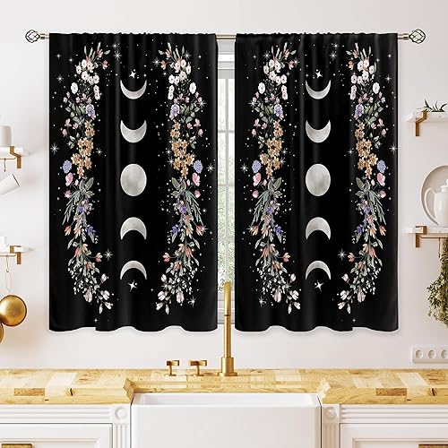 oolygoo Cortinas de cocina pequeñas bohemias con diseño floral negro y estampado de flores, luna, para ventana de café, cortinas cortas para baño,