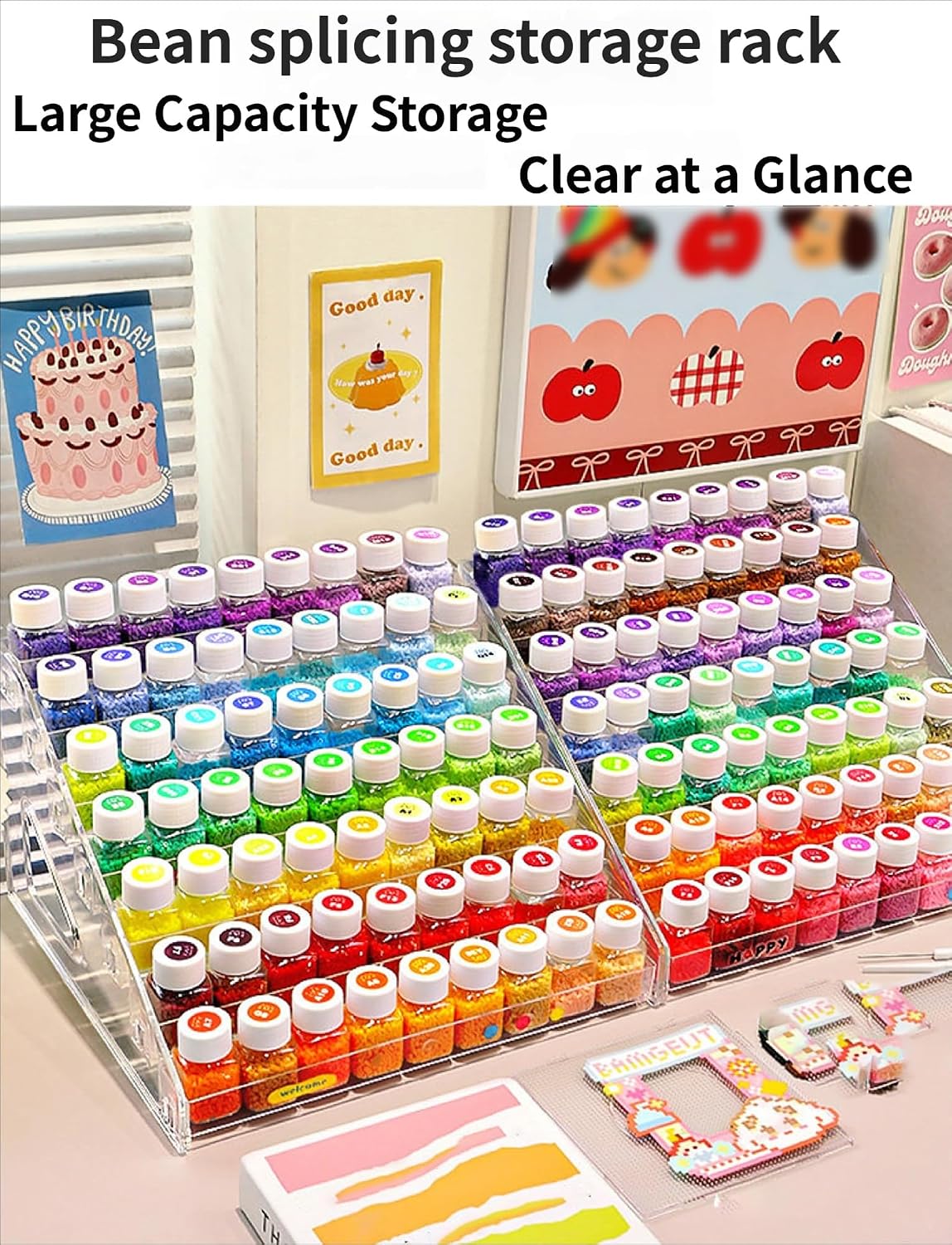 Bead Storage Organizer Set-Rack with Clear Stackable Bottles, Desktop Craft Sorting Station for Perler Beads, Sequins, Glitter(29.5x18.5x31cm)