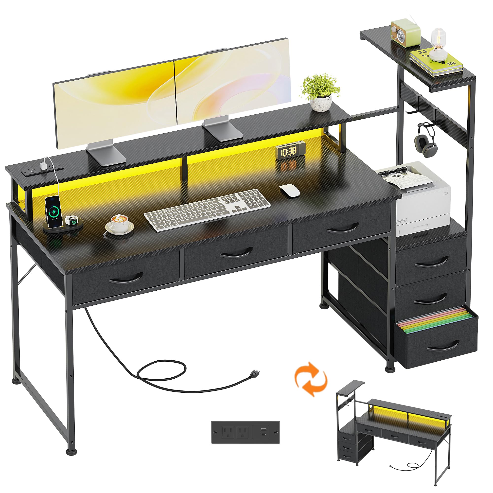 WEMANER 151cm Computer Desk with 6 Fabric Drawers, Reversible Home Office Desk with Printer Cabinet, Writing Desk with Monitor Stand & Power Outlets, Study Table with LED Light, Carbon Fiber Black