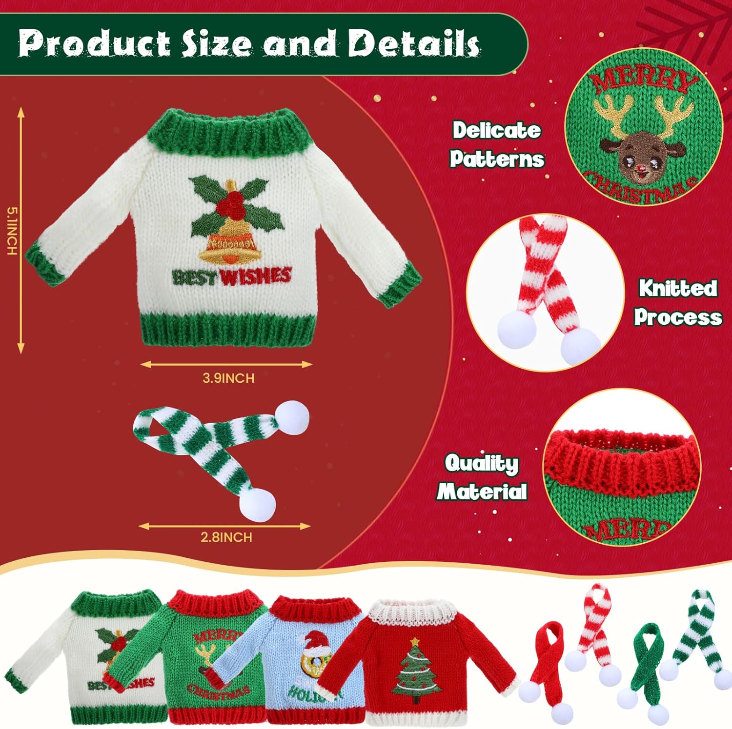 12Pcs Christmas Elf Accessories Christmas Elf Doll Clothes Colorful Doll Skirts Scarves Sweaters Handmade Knitted Clothing with Xmas Tree Bells Elk Xmas Outfit, Dolls Not Included