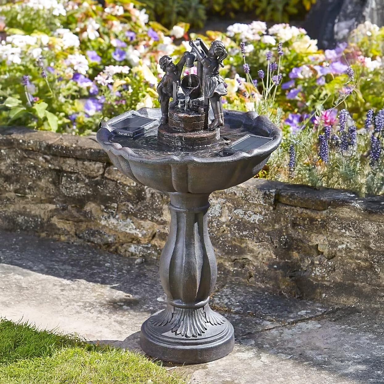 Garden Mile Solar Water Fountains, Beautiful Rustic Water Feature, Garden Solar Water Ornaments Bird Bath for Garden Patio Garden Centrepiece Waterfall Antique Ornament Solar Powered (Tipping Bucket)