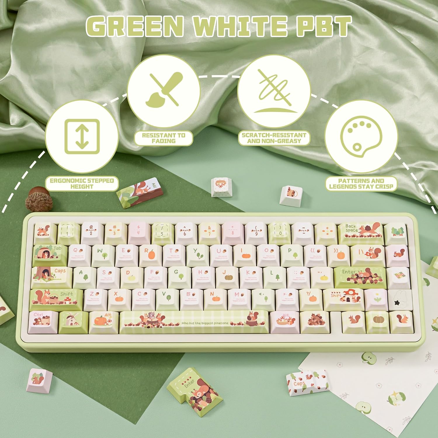 Pinecone Adventure Green White PBT Keycaps Cute Key Cap MX Switch