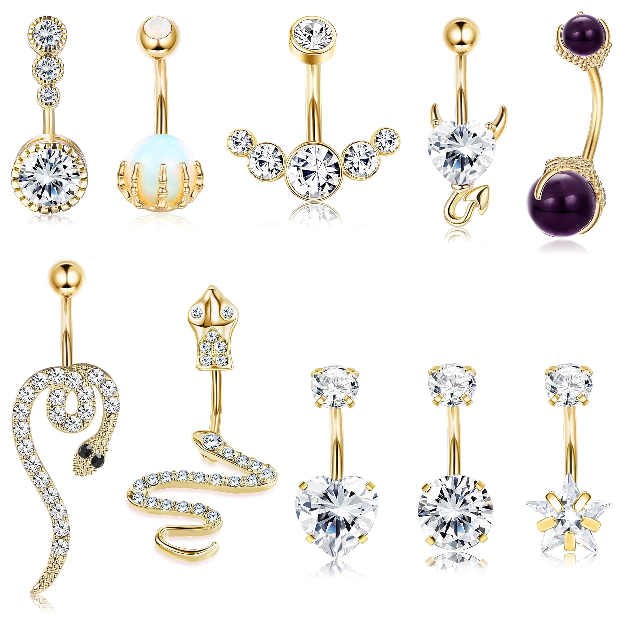 FIOROYAL 10 Piezas Anillos Ombligo Piercing Hipoalergénicos para Mujer 14G Acero Quirúrgico Calavera Mano Ópalo Transparente Serpiente Colgantes Anillo Ombligo Piercing Corporal Joyería