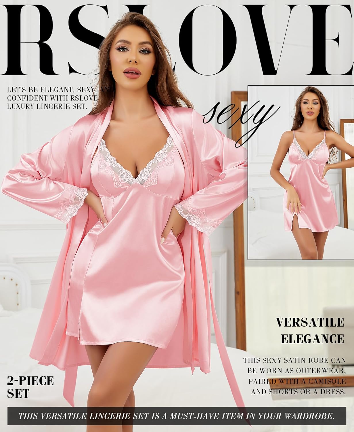 RSLOVE Women’s Satin Sleepwear Set – 2 Piece Lace Cami Nightgown and Long Sleeve Robe Sexy Silk Pajamas Lingerie for Women - Image 2