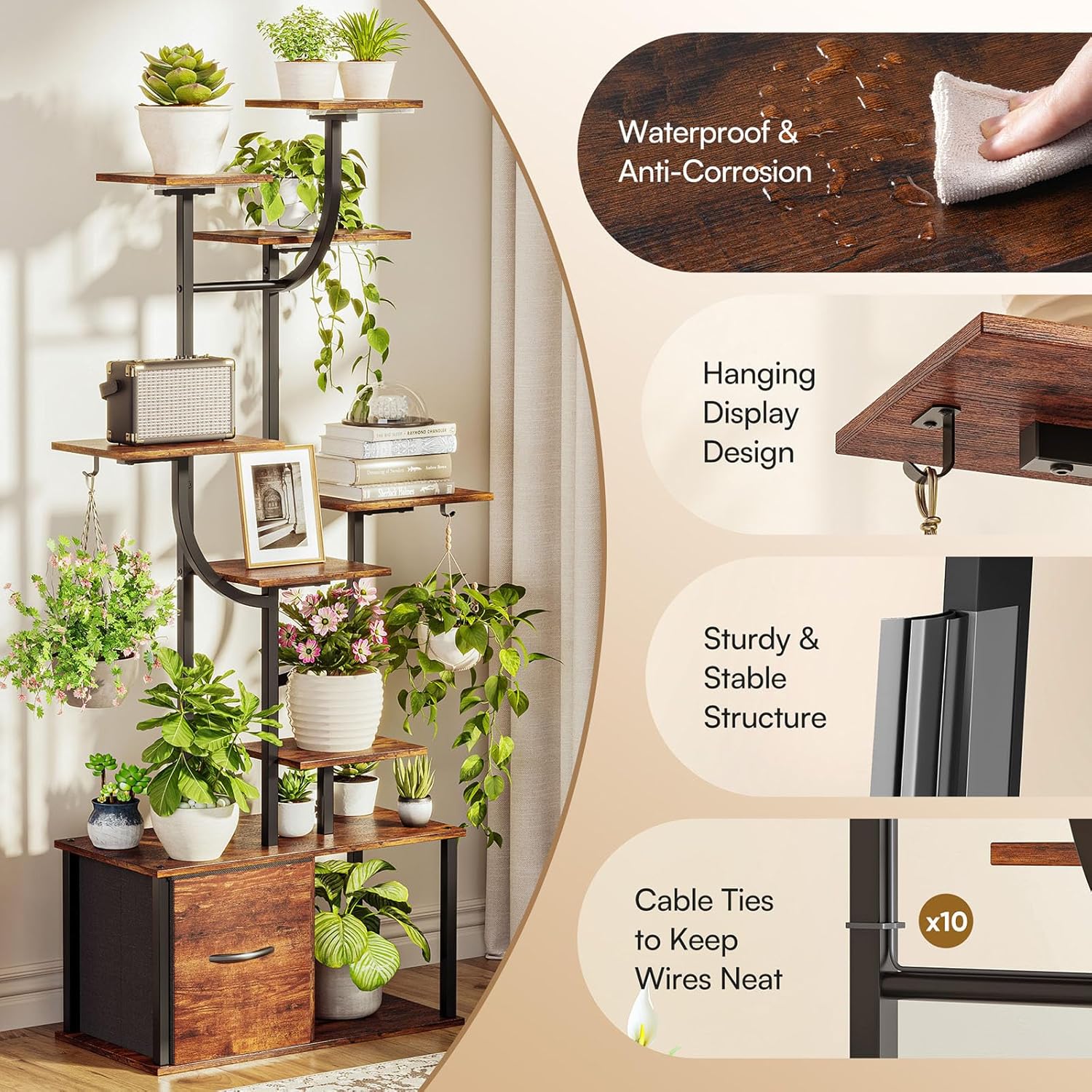 9-Tier Plant Stand Indoor with Grow Light 3 Color Modes - 59" Tall Plant Shelf with Storage Drawer, 10 Brightness Levels, Timer, Wide Base, Lighted Corner Plant Stands for Living Room, Balcony (1)