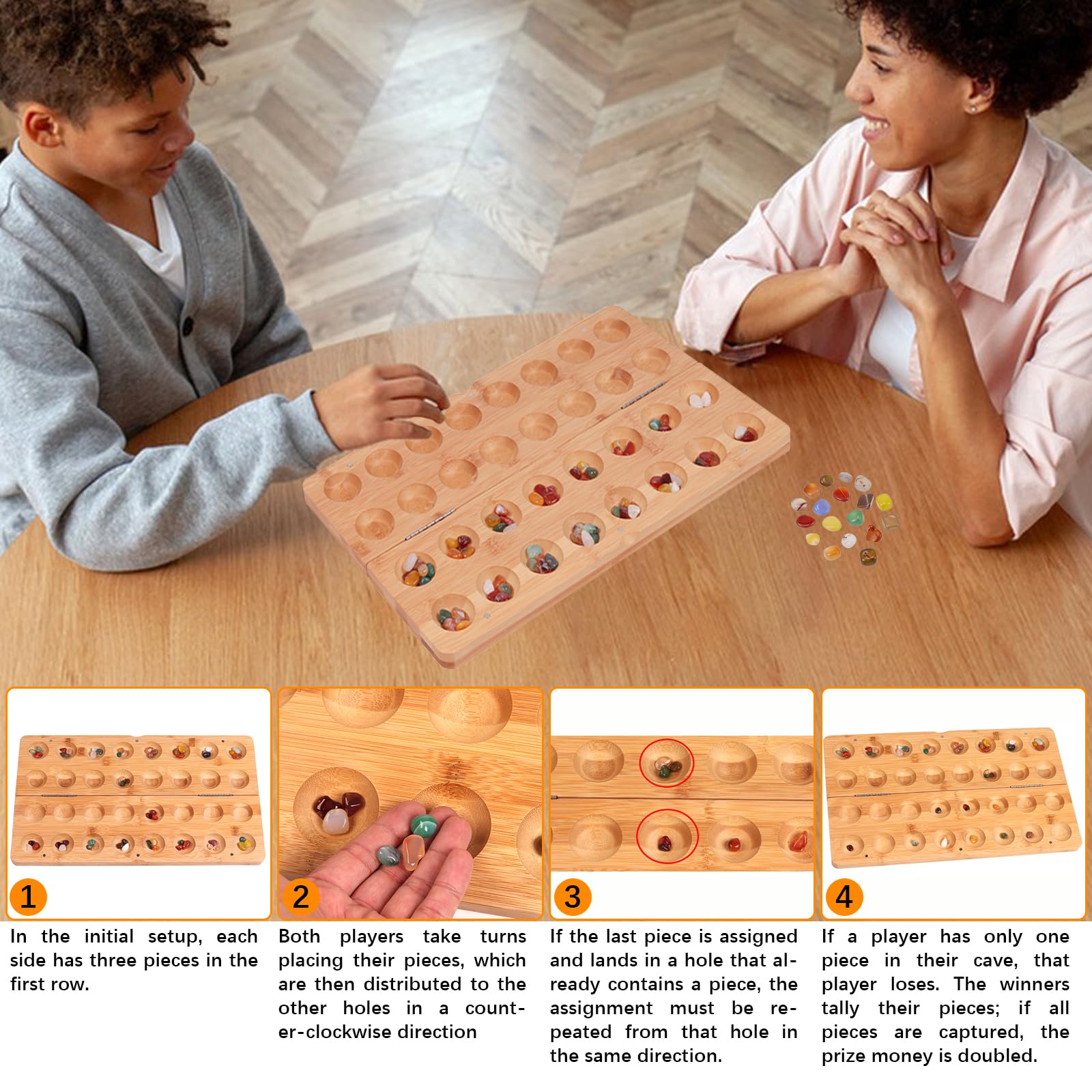 Steinchenspiel, 65 Juwel Kalaha Spiel, Edelsteinspiel aus Holz, Mancala Kalaha Faltbar und Leicht zu Tragen Strategiespiele, Edelstein Match Schach, Strategiespiele für Erwachsene (A)