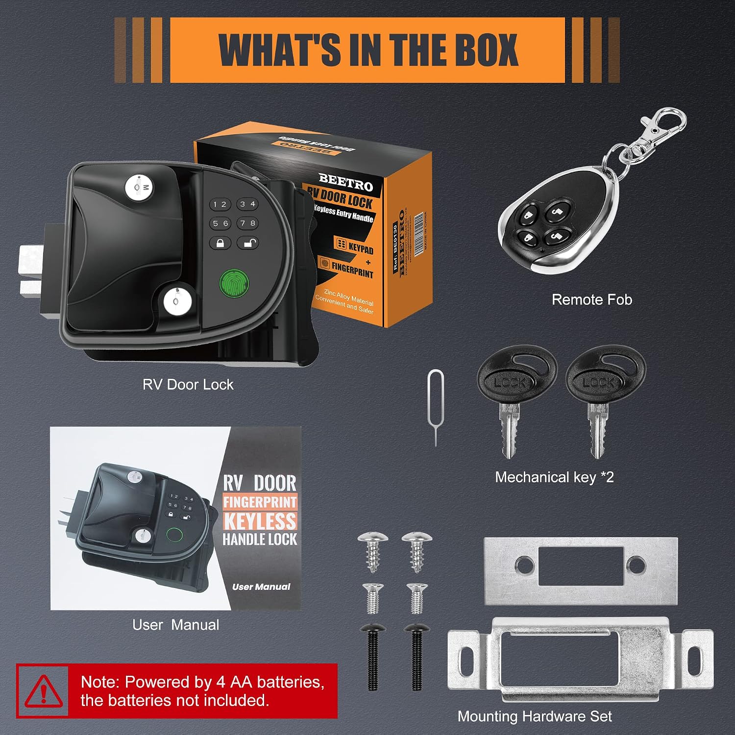 Contents of the BEETRO RV Door Lock package, including the lock, remote fob, mechanical keys, and mounting hardware.