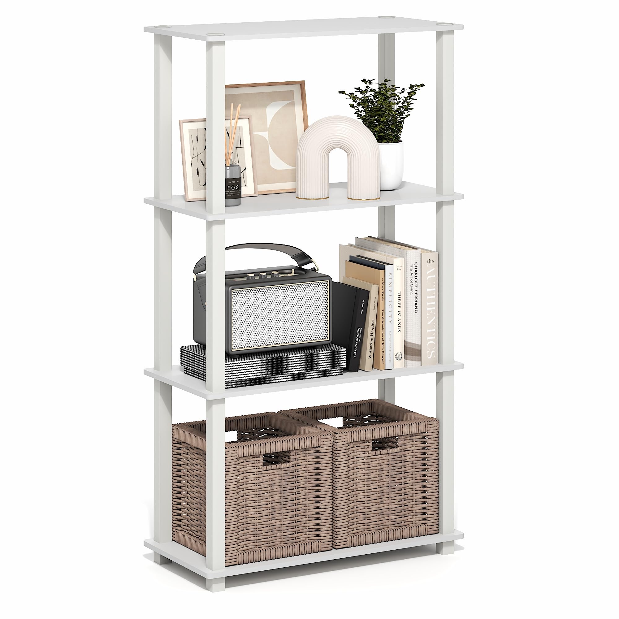Furinno Turn-S-Tube Storage Shelves, 4-Tier Book Shelf, Corner Shelf, Toolless Open Frame Standing Shelves, for Organization and Storage, Living Room, Garage, Home Office, White