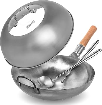 YOSUKATA Non-seasoned Round-Bottom Carbon Steel Wok Pan + Wok Lid 13.6 Inch + 17 Wok Spatula and Ladle