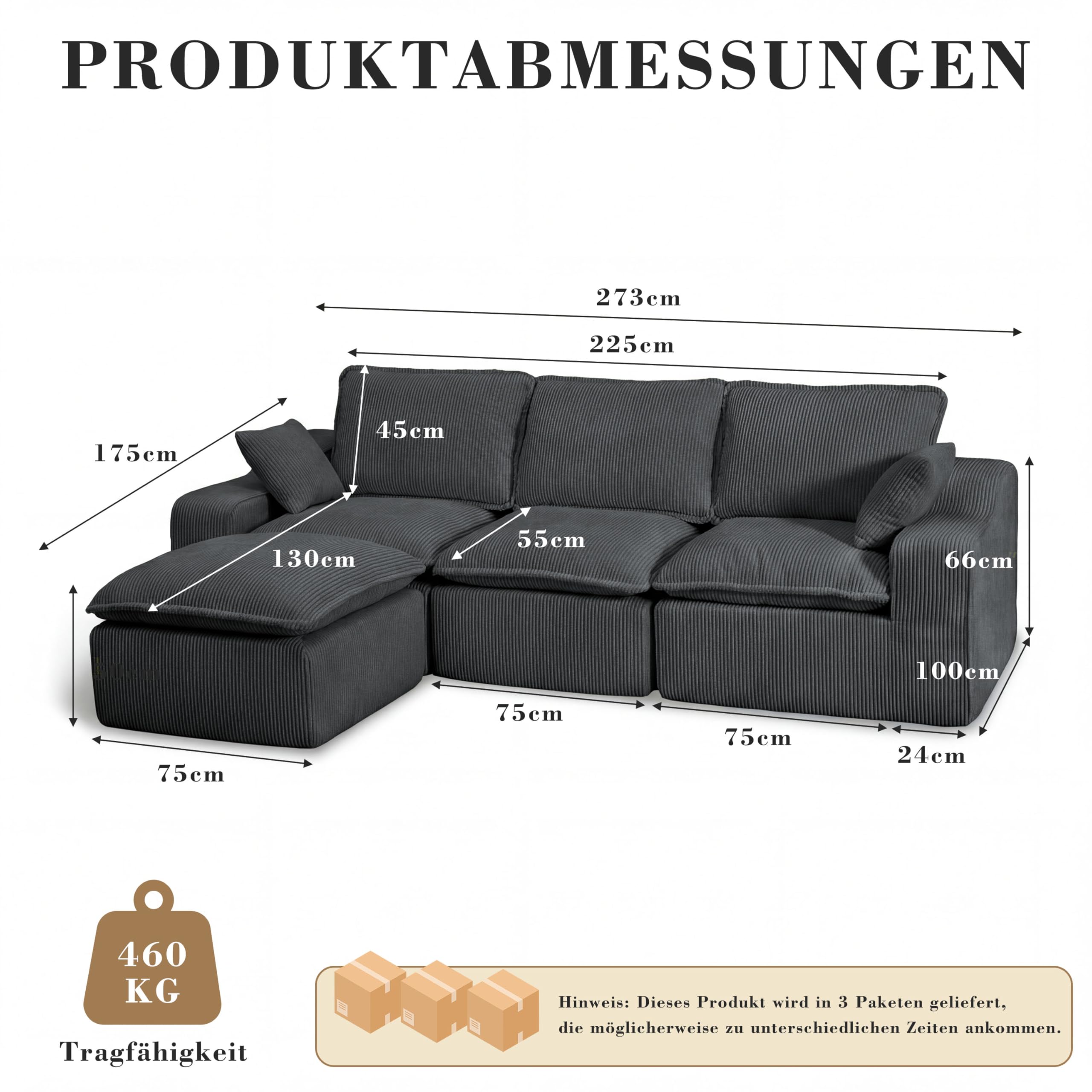 Vipbear Ecksofa, Modulares Sofa 273 cm breit, L-Form Sektionssofa 4-Sitzer mit Abnehmbarer Ottomane, Cloud-Sofa aus Cord mit Chaiselongue Links, L Sofa Couch für Wohnzimmer, Dunkelgrau