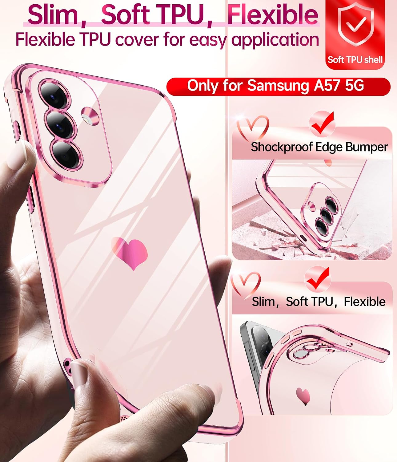 LeYi for Samsung Galaxy A57-5G Phone Case Love Heart Plating Luxury, Pink image 3