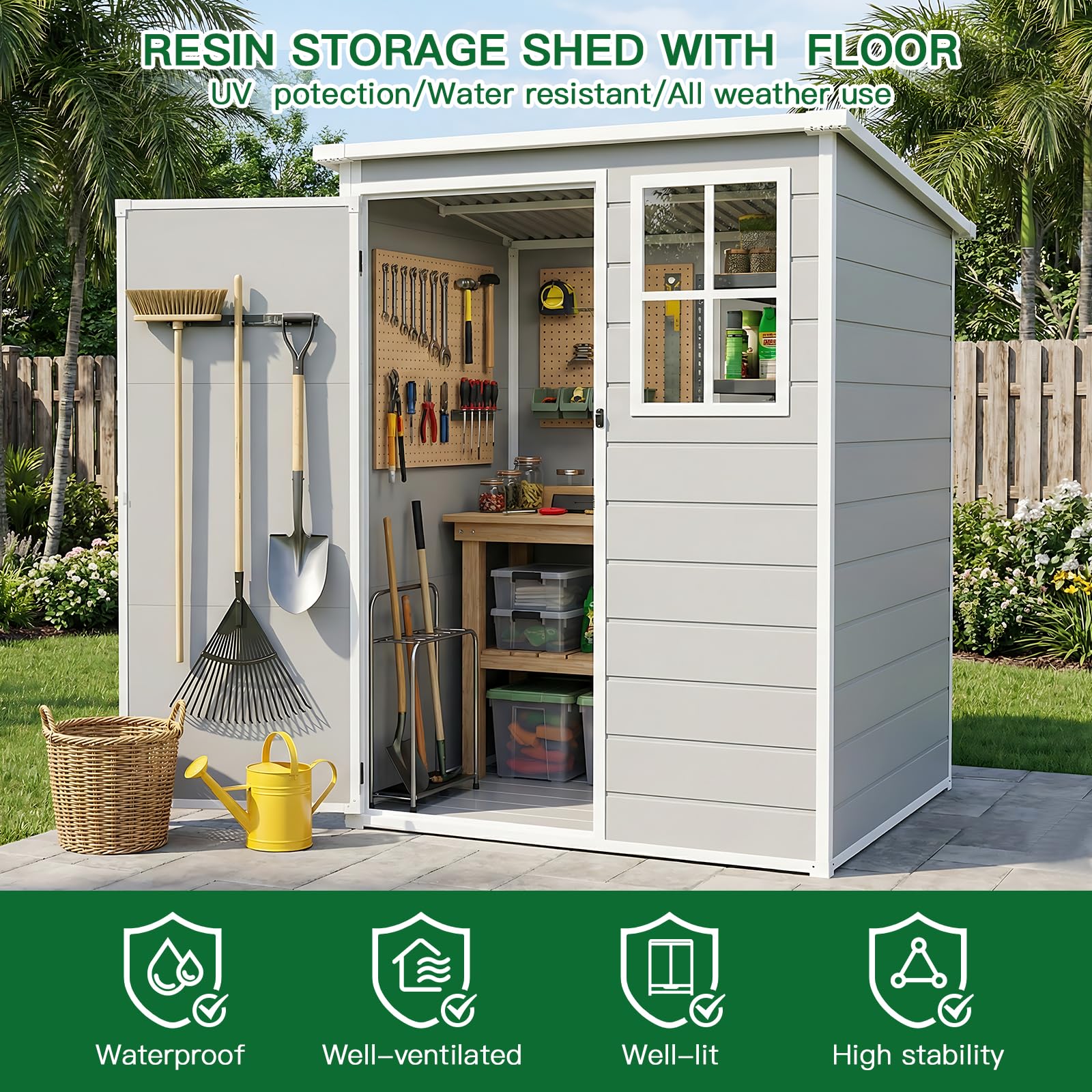 Caseta de plástico 138 × 110,5 × 182 cm, cobertizo con ventanas, techo inclinado y puerta segura, para guardar herramientas de jardín. Incluye placa de suelo, ideal para jardín, terraza