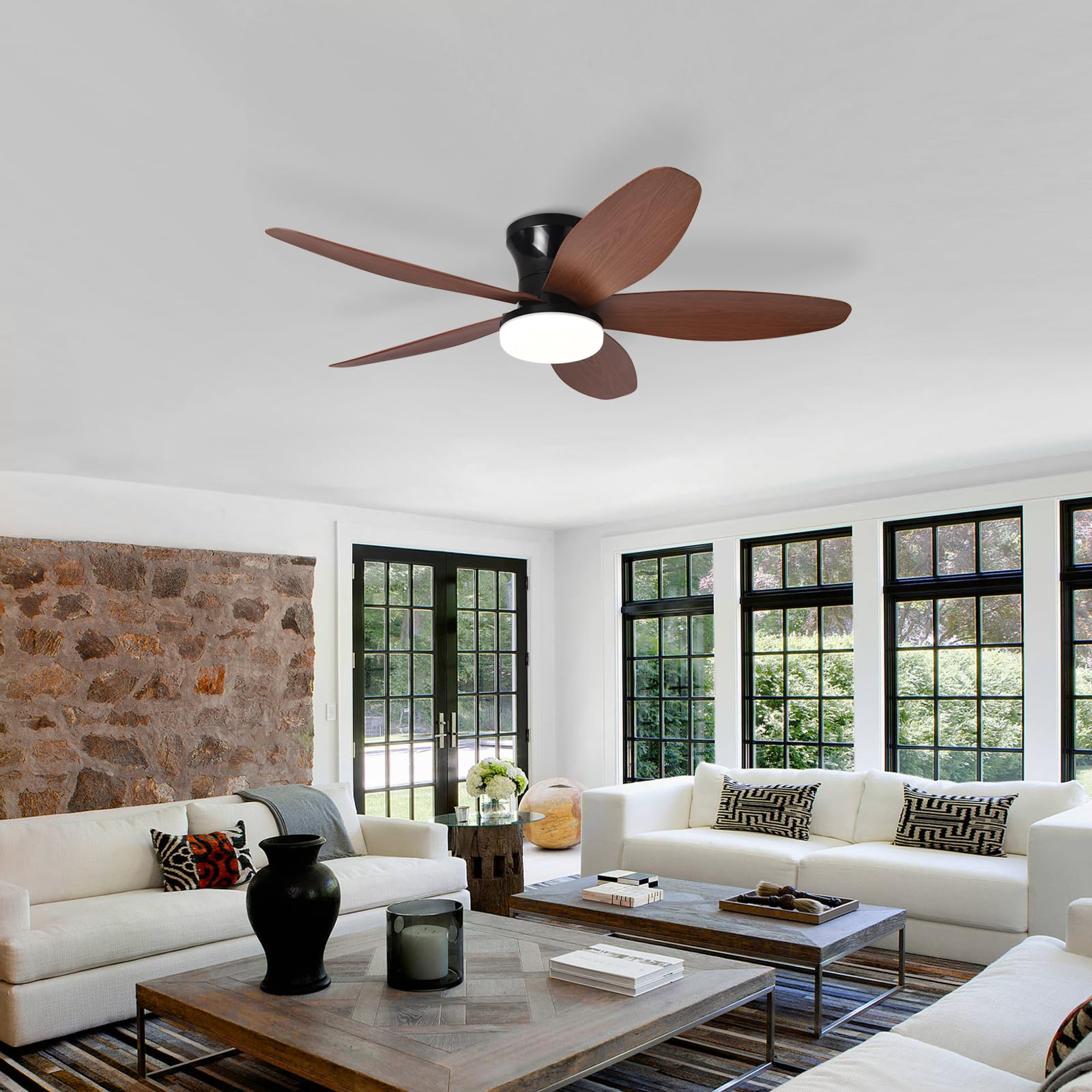 Ventilatore Pale Da Soffitto Con Luce E Telecomando, Silenzioso 5 Pale Lampadario Con Ventola, Dimmerabile LED Plafoniera Ventilatore Per Camera Da Letto, Cucina, Soggiorno-Black+WoodGrain||42in
