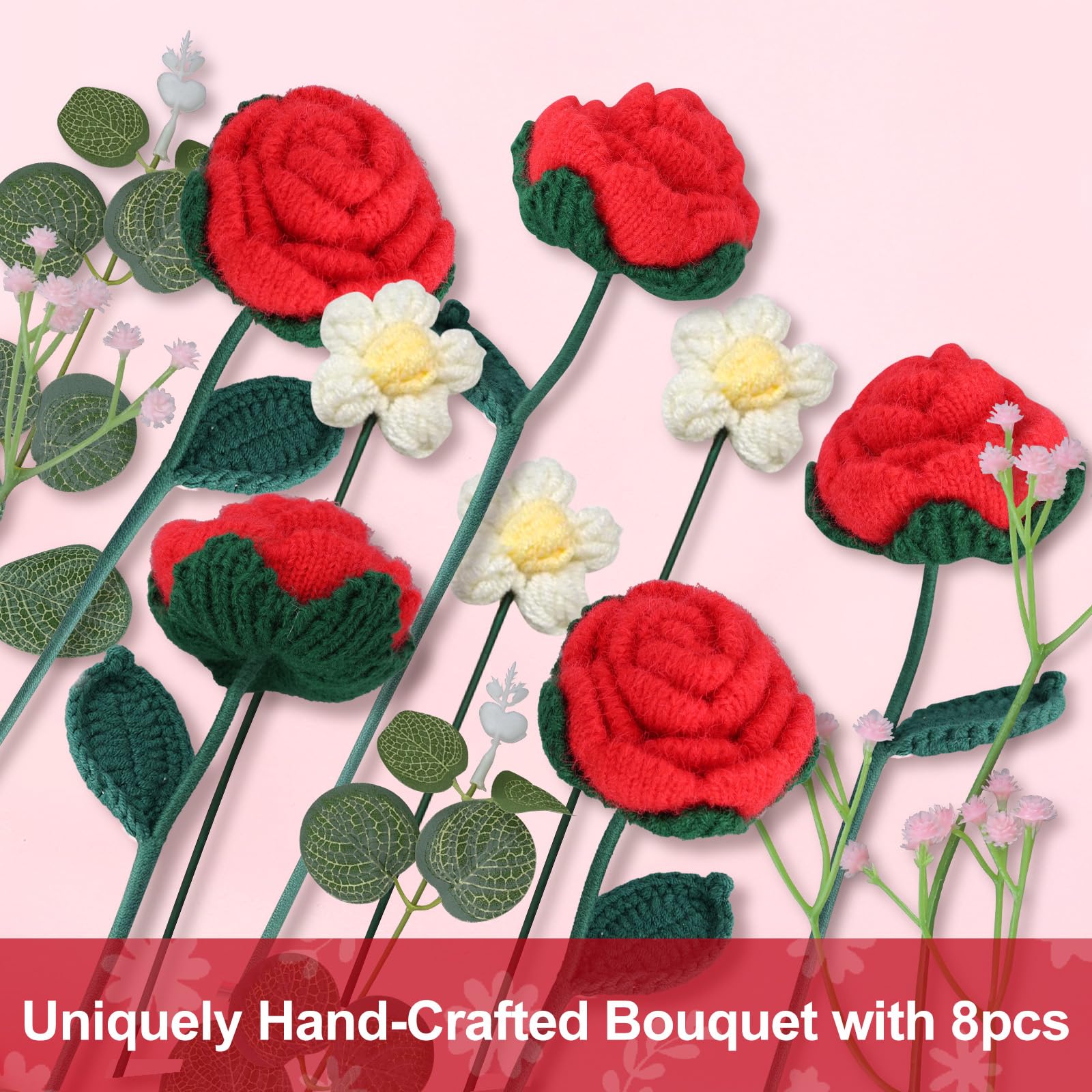 Foyucool Bouquet en Crochet Fait Main, Composition Florale Finie avec Sac Cadeau, Rose Rouge, Décoration Bureau, Idée Cadeau pour Femme