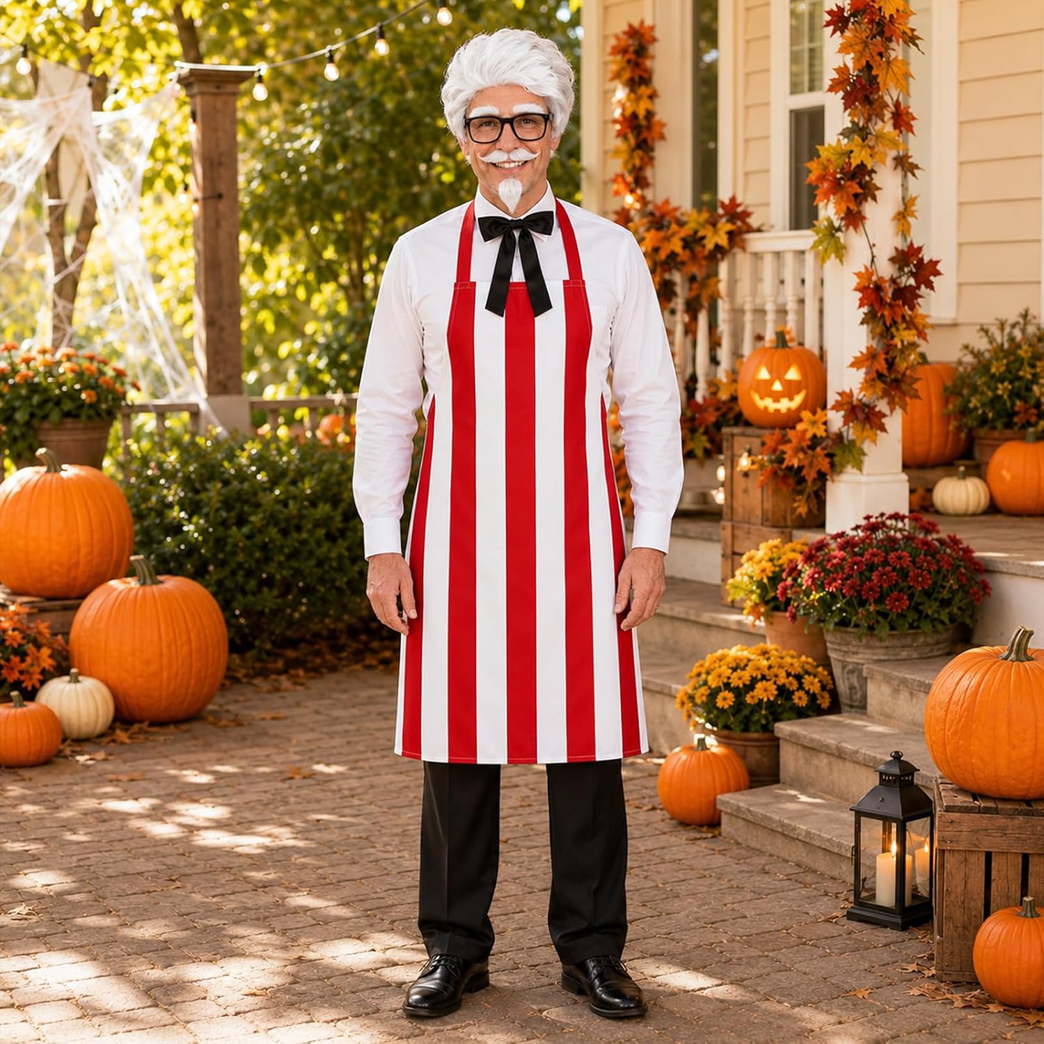JcHrmers 8 Pcs Halloween Chef Costume Accessories for Adults,White Wig, Fake Mustache Eyebrows,Glasses,Bow Tie andStriped Apron for Party Dress Up