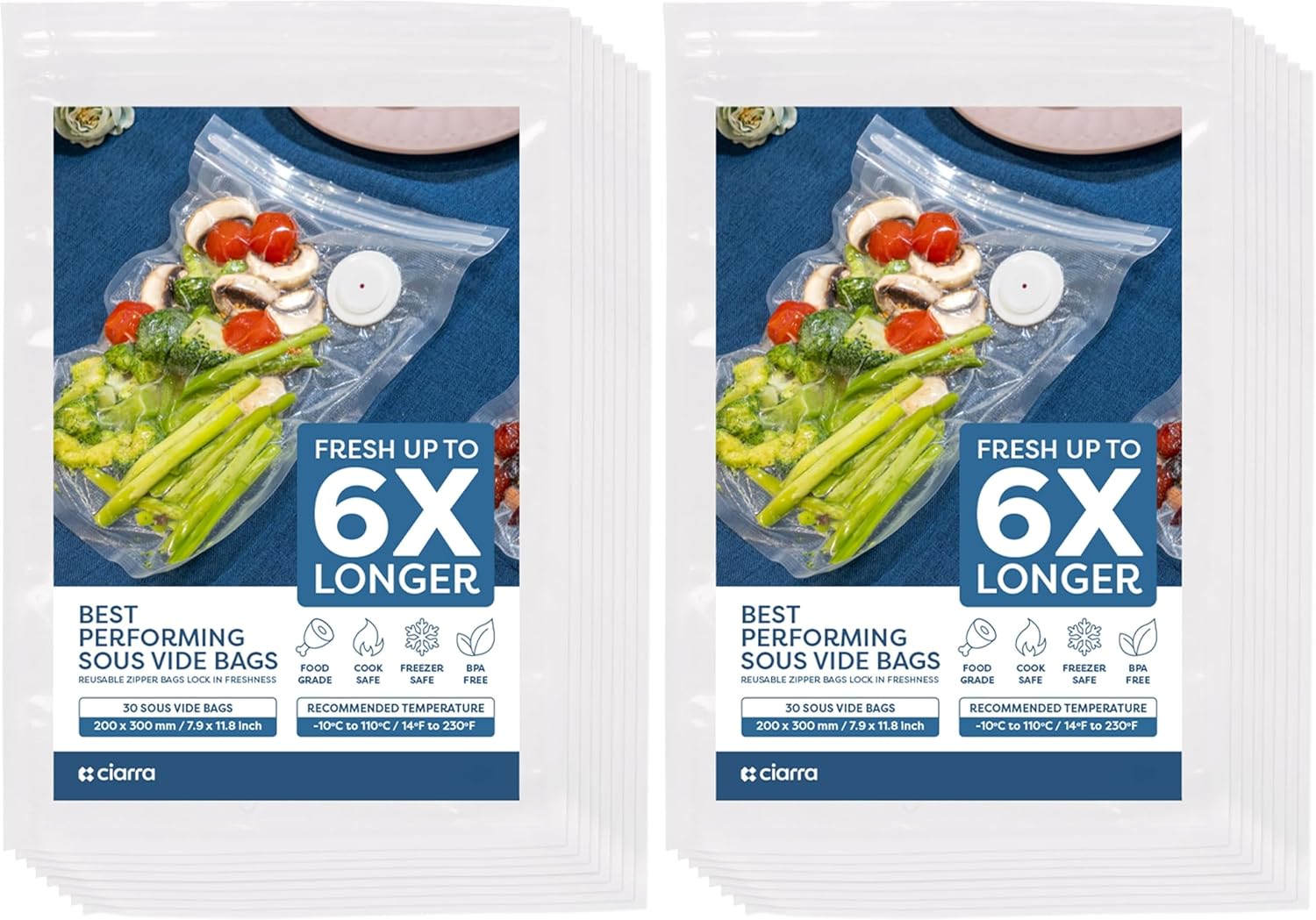 CIARRA BPA Free Reusable Vacuum Sealer Bags 30 Pcs, 8" x 12" Reusable Food Storage Zipper Bags with Air Valve for Sous Vide Cooking Freezer Microwave Heating (30 Count) (Pack of 2)