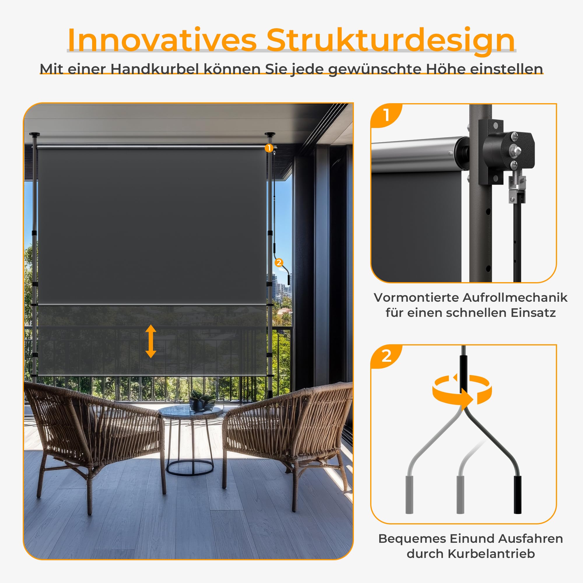 HOMEDEMO Senkrechtmarkise Außen, Vertikalmarkise ohne Bohren, Balkonrollo mit Einstellbare Handkurbel, Sichtschutz Sonnenschutz Windschutz, 120x(220-310) cm, Garten, Stoffbreite 105.5 cm, Anthrazit
