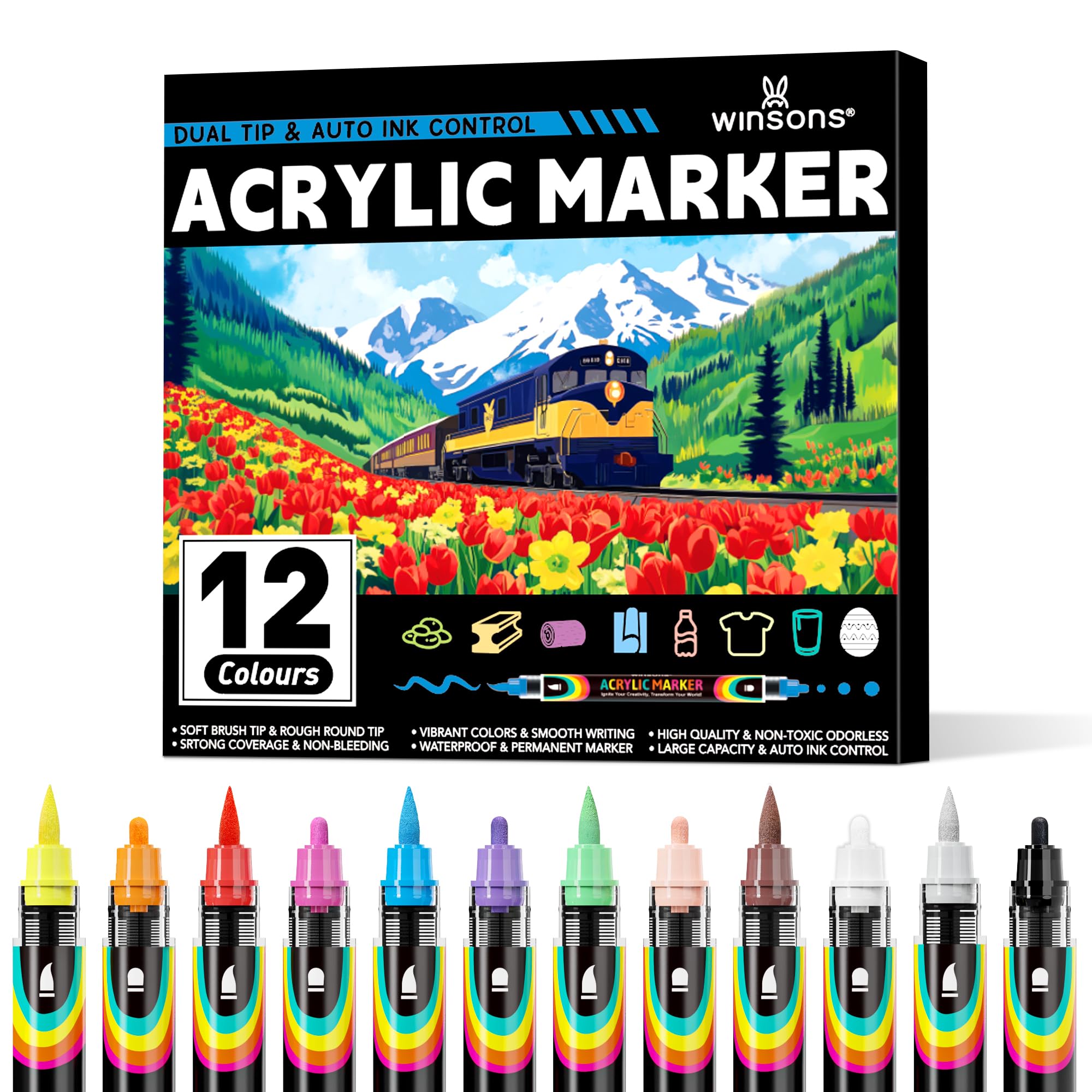 WINSONS Acrylic Pens 12 Colors, Permanent Markers, Non-Toxic for Colouring