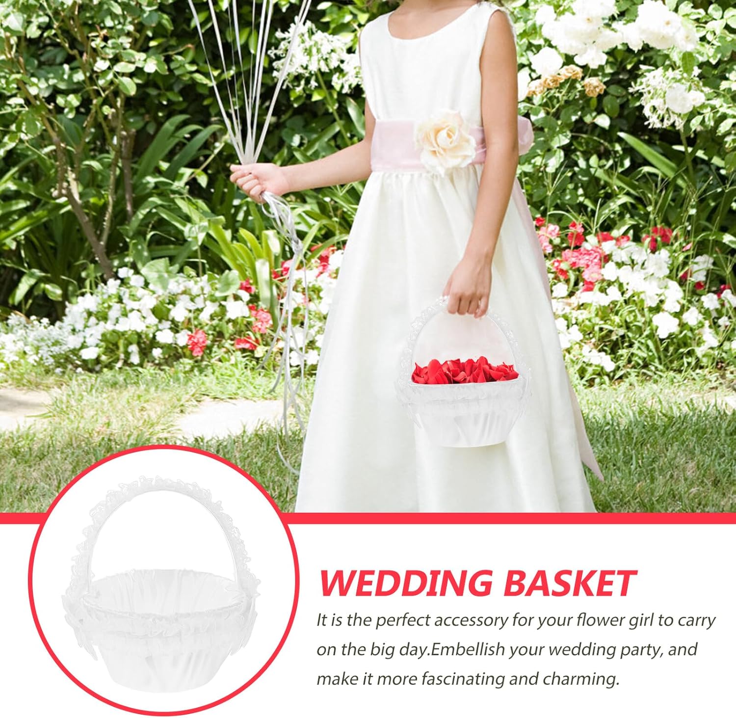 VALICLUD Wedding Flower Girl Basket with Handle, Handwoven Wicker Lace Basket for Wedding Ceremony, Flower Petal Holder for Bridal Party Supplies
