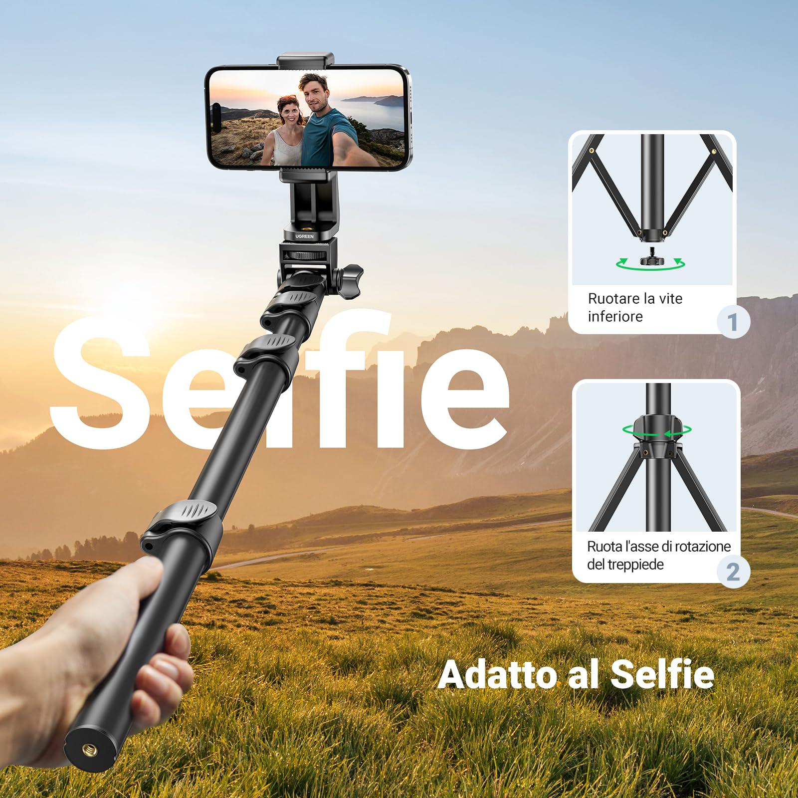 UGREEN Bluetooth Selfie Stick Treppiede con Telecomando BT, Estensibile 170cm 3 in 1 per Cellulare Compatibile con iPhone 16 Plus Pro Max/15/14/13/12/11 ecc