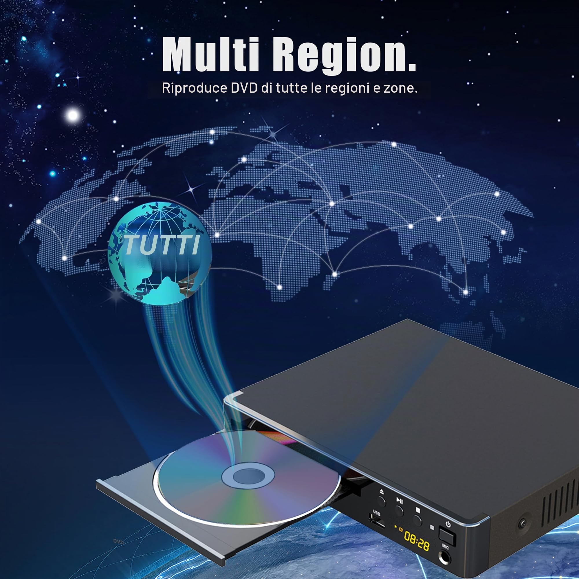 Lettore DVD compatto per TV (1080P Upscaling con uscita HDMI/Coxical/AV, porta ingresso USB e MIC, Multi-Regione Libera, cavo HDMI e AV incluso) (LP-099)