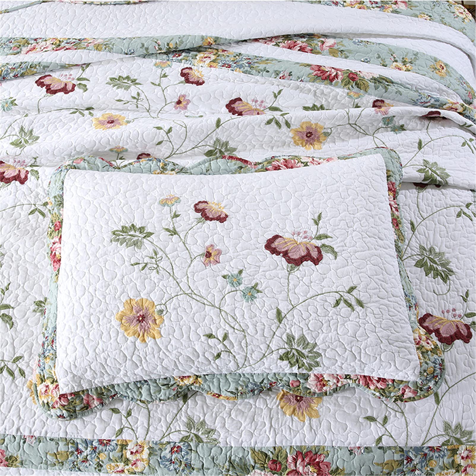 Juego de colcha acolchada, color blanco, 3 piezas, cobertores de retazos reversibles con volantes verdes, edredón extragrande de algodón suave con 2 fundas de almohada, 229 * 229 cm little surprise
