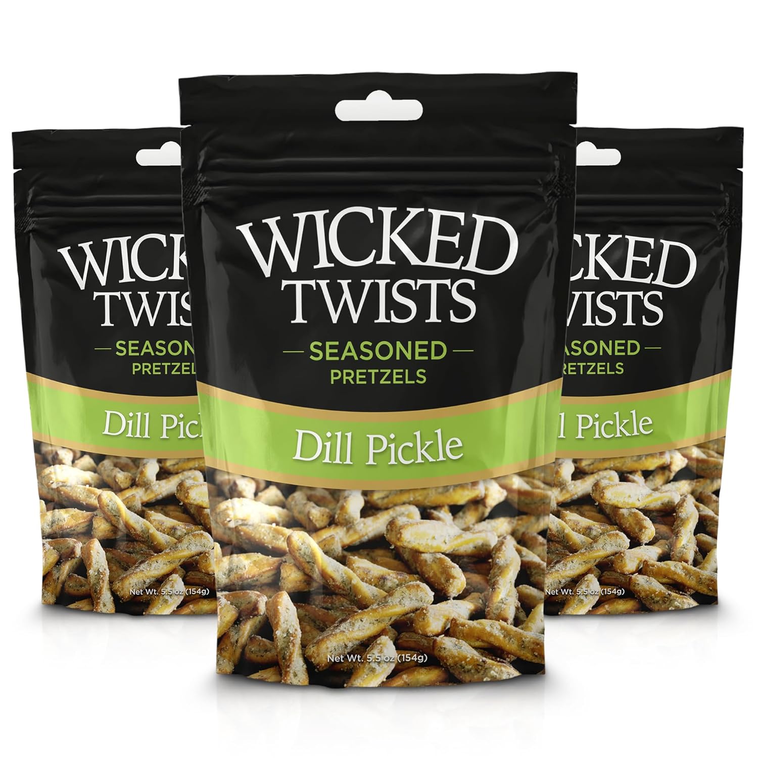 Wicked Twists Dill Pickle Seasoned Pretzels Twists 5.5 oz (3 Pack) Snack Pretzel Sticks Rods, Bold Flavor Snack, Resealable Fresh Pack, Baked Crunch, Party & School-Ready