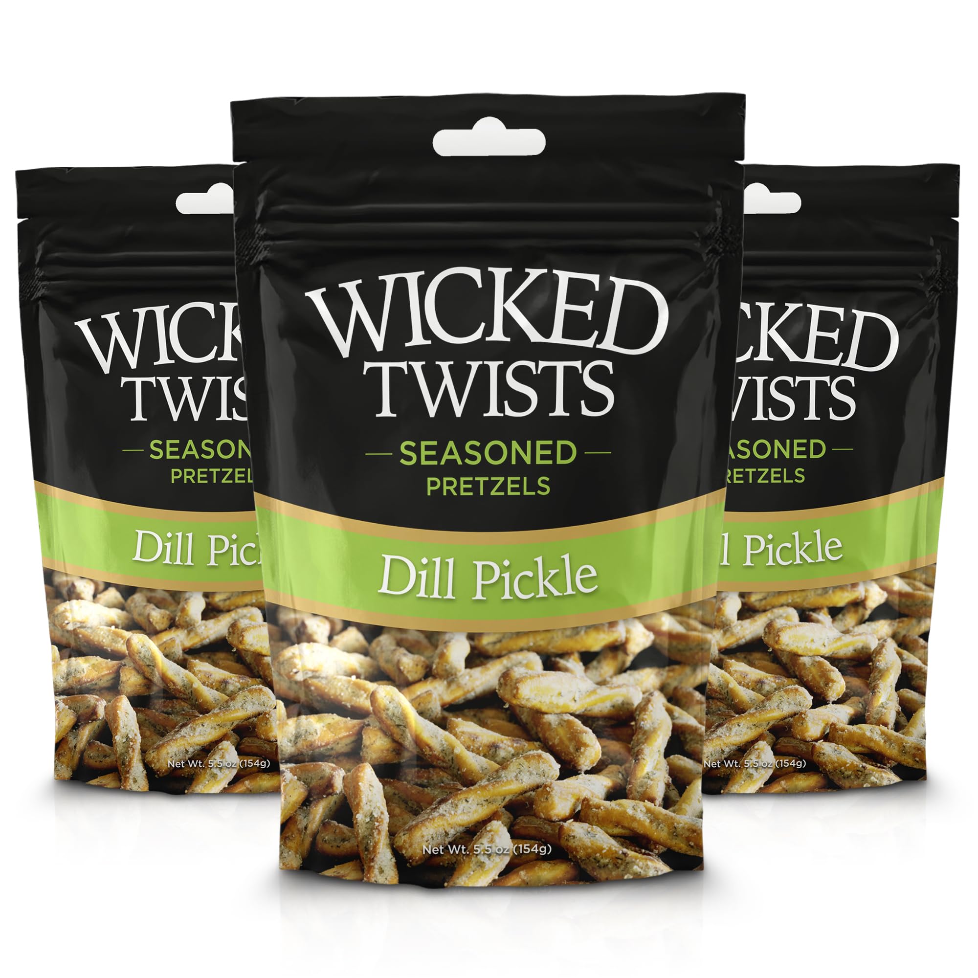 Wicked Twists Dill Pickle Seasoned Pretzels Twists 5.5 oz (3 Pack) Snack Pretzel Sticks Rods, Bold Flavor Snack, Resealable Fresh Pack, Baked Crunch,