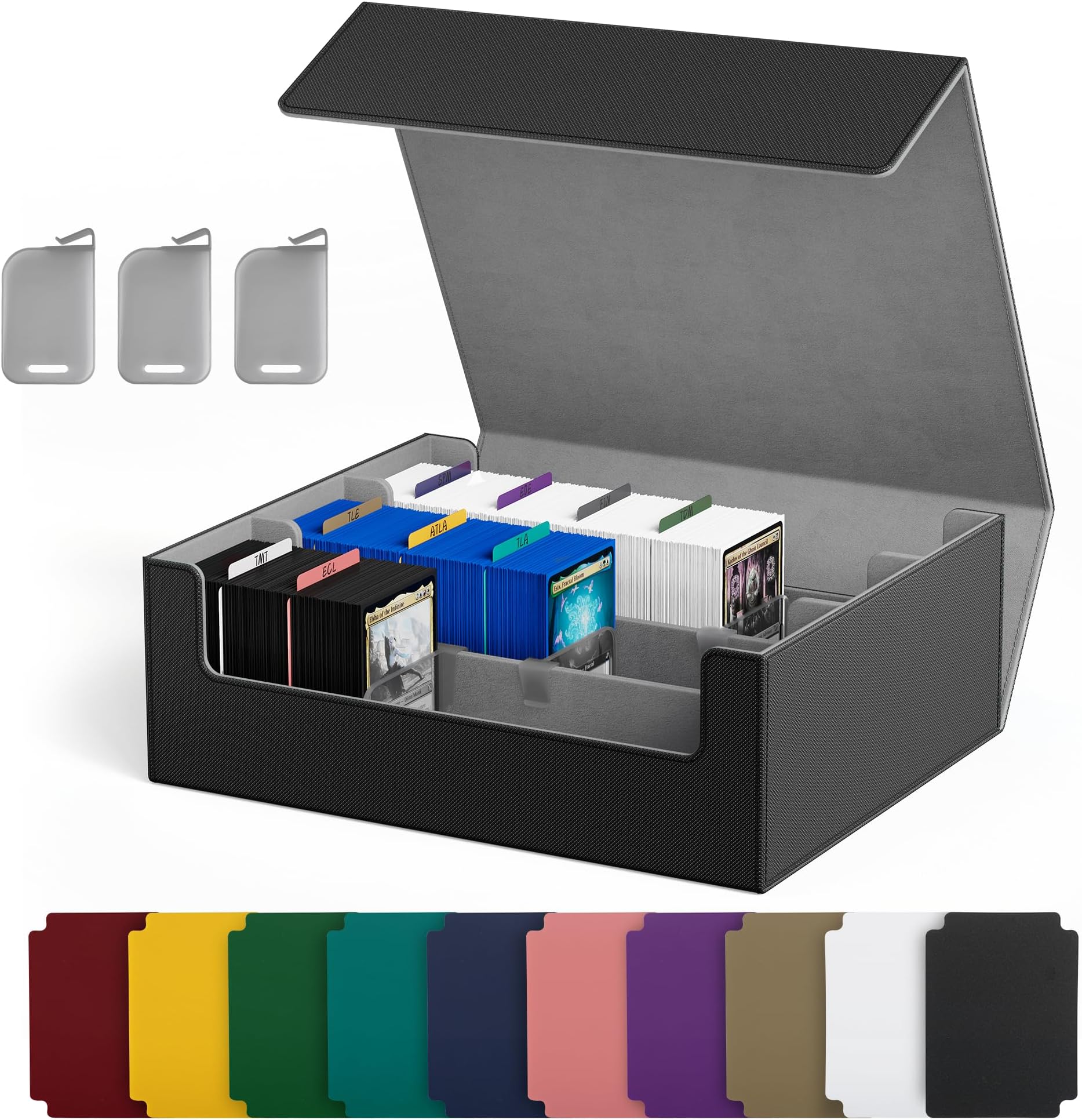 UAONO Trading Card Storage Box, Holds 1800 Sleeved Cards with 10 Dividers & 3 Stoppers, Magnetic Closure PU Leather Card Case for MTG, PTCG, YGO, Sports Cards (Black)