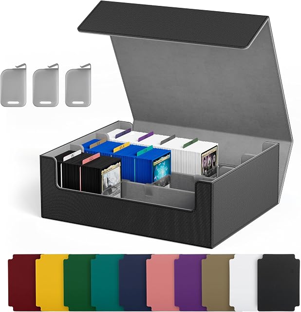 UAONO Trading Boîte de stockage de cartes, cales 1800+ Cartes à manches avec 10 Diviseurs & 3 Stoppers, Organisateur de cartes pour le stockage et la collection TCG/Magic/Mtg, 3-Row Noir et gris
